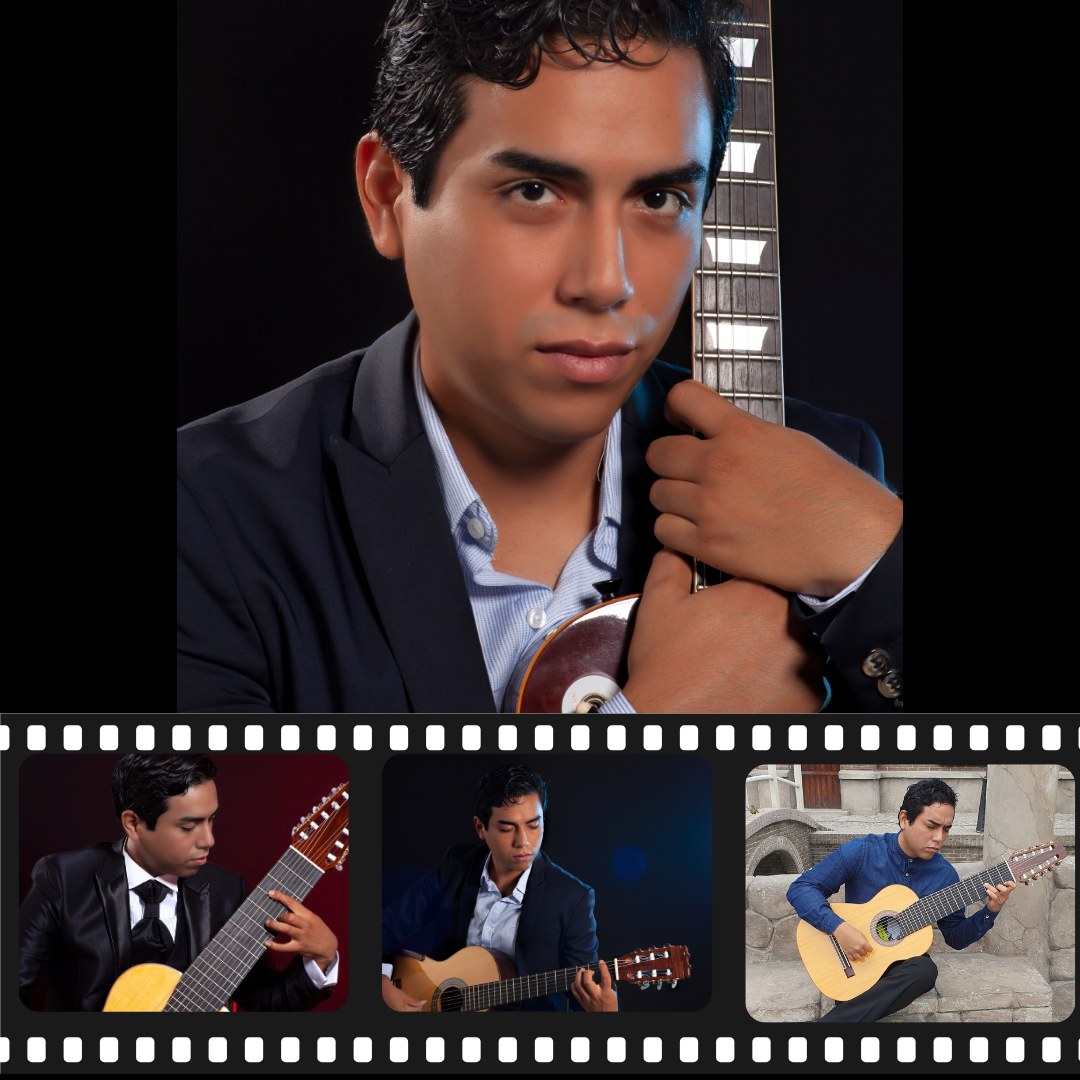 Aless Diez retrato con sus guitarras multicuerda, demuestra su versatilidad en el escenario y en su música.